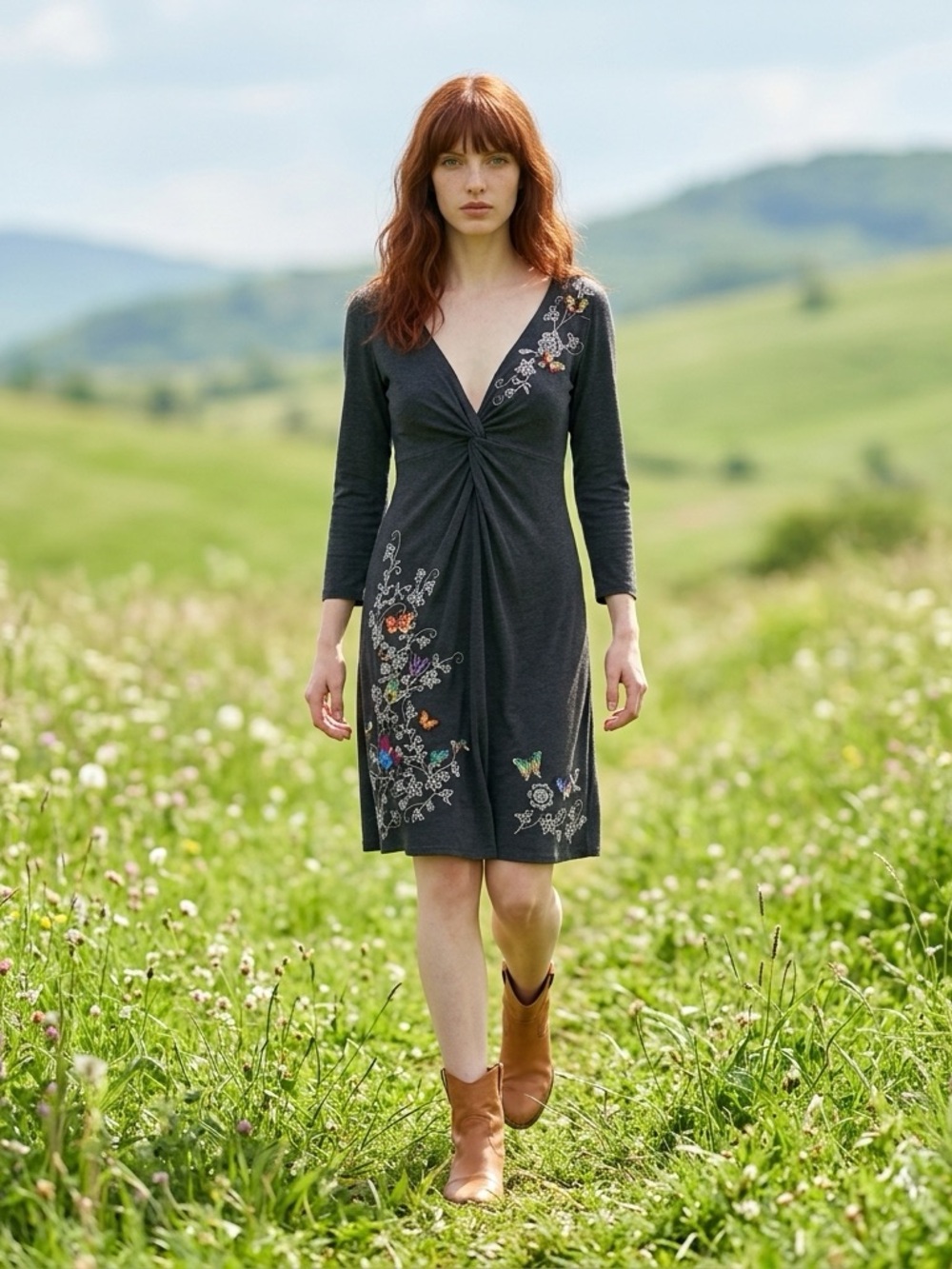 JW LOS ANGELES JOHNNY WAS GRAY TWISTED EMBROIDERED BUTTERFLIES JERSEY DRESS SZ S